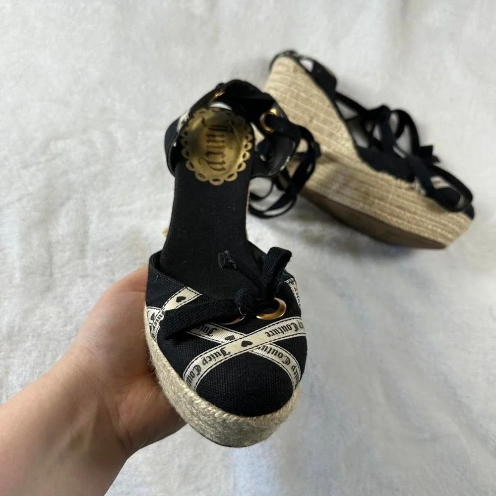 Juicy Couture black platform espadrille wedges logo ribbon y2k mcbling fairy